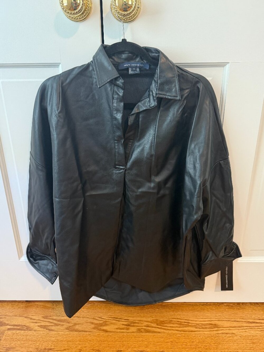 NWT! French Connection Black Faux Leather Oversized Shirt Jacket Size S